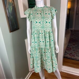 Pinch Green Cream Geometric Midi Dress Small Tiered S Flutter Sleeve